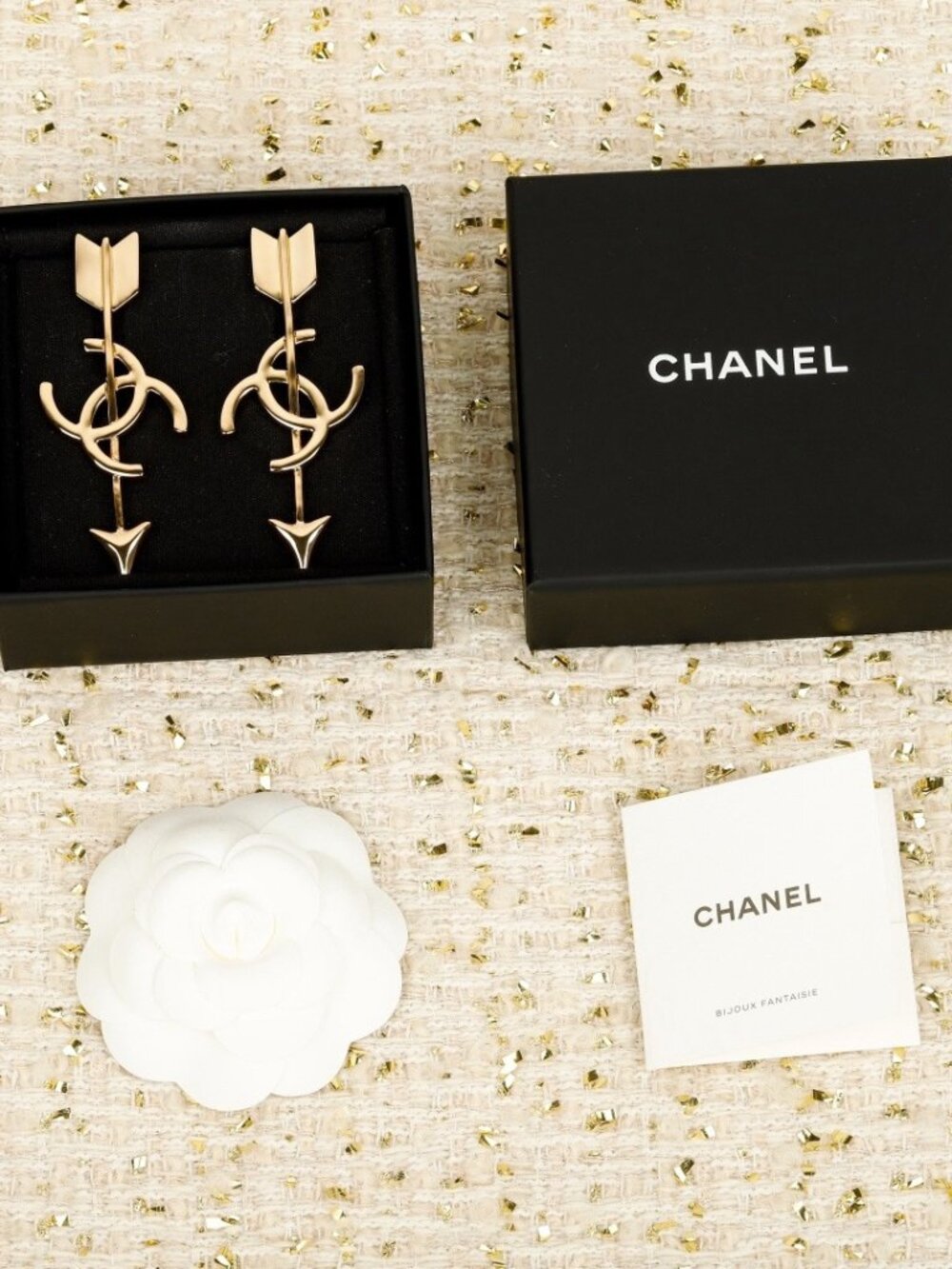 Chanel Gold-Tone Arrow Through CC Logo Drop Earrings